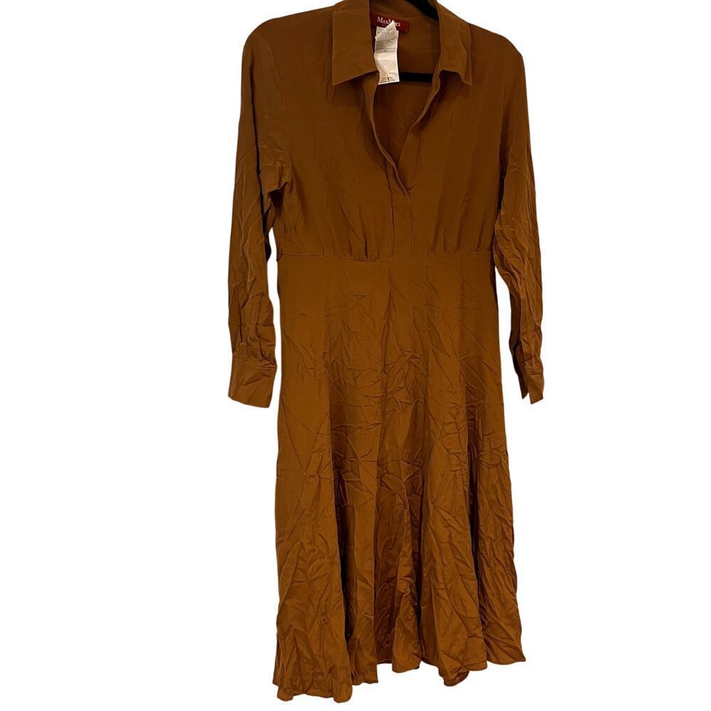 Maxmara Brown Long Sleeve 100% Silk Collared Midi Dress Sz 4